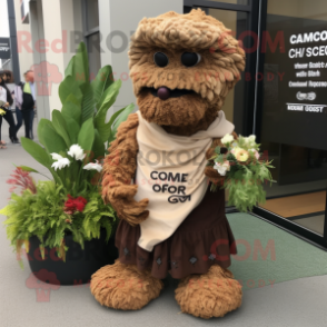 Brown Cauliflower mascot costume character dressed with a Empire Waist Dress and Scarves