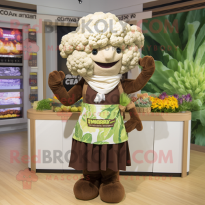 Brown Cauliflower mascot costume character dressed with a Empire Waist Dress and Scarves