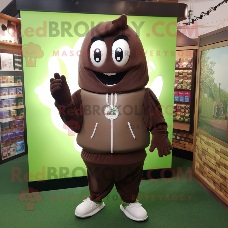 Olive Chocolate Bars mascot costume character dressed with a Sweatshirt and Brooches Olive Chocolate Bars mascot costume character dressed with a Sweatshirt and Brooches