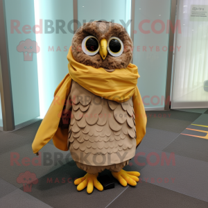 Tan Owl mascot costume character dressed with a Raincoat and Scarves