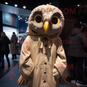 Tan Owl mascot costume character dressed with a Raincoat and Scarves