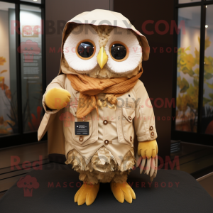 Tan Owl mascot costume character dressed with a Raincoat and Scarves