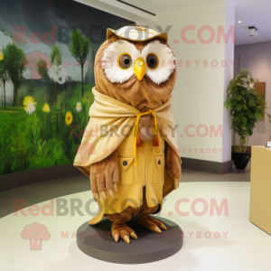 Tan Owl mascot costume character dressed with a Raincoat and Scarves