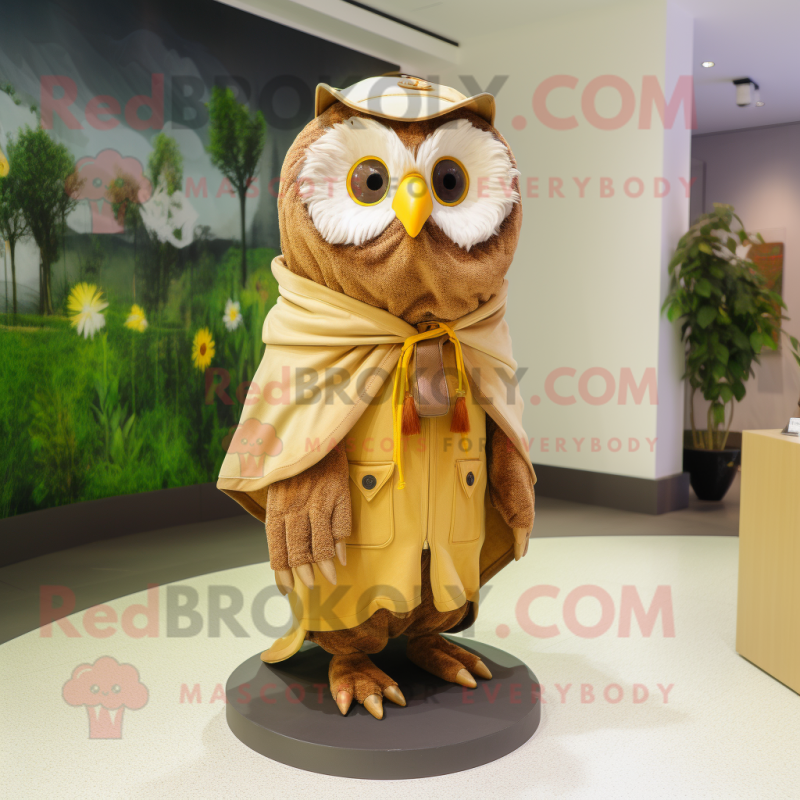 Tan Owl mascot costume character dressed with a Raincoat and Scarves Tan Owl mascot costume character dressed with a Raincoat and Scarves