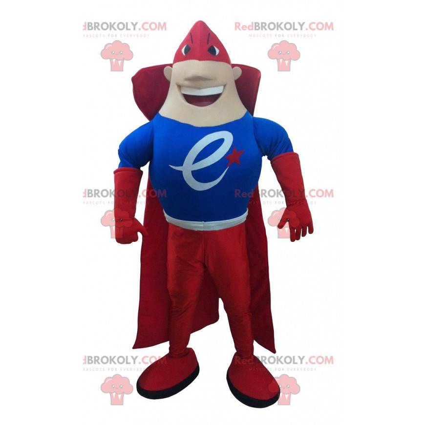 Mascote do super-herói vestido de vermelho e azul -