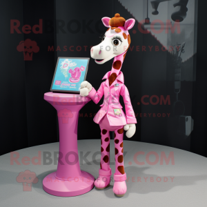 Pink Giraffe mascot costume character dressed with a Mini Skirt and Lapel pins