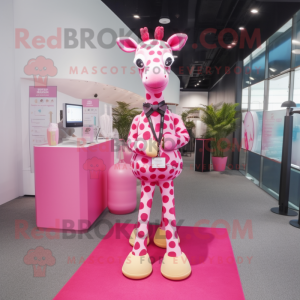 Pink Giraffe mascot costume character dressed with a Mini Skirt and Lapel pins