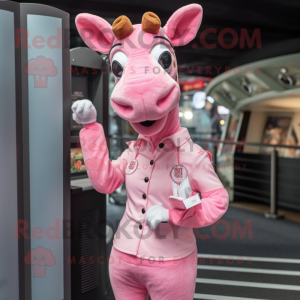 Pink Giraffe mascot costume character dressed with a Mini Skirt and Lapel pins