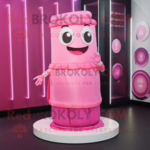 Pink Scented Candle mascot costume character dressed with a Wrap Skirt and Bracelet watches