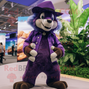 Purple Skunk mascot costume character dressed with a Bermuda Shorts and Hats