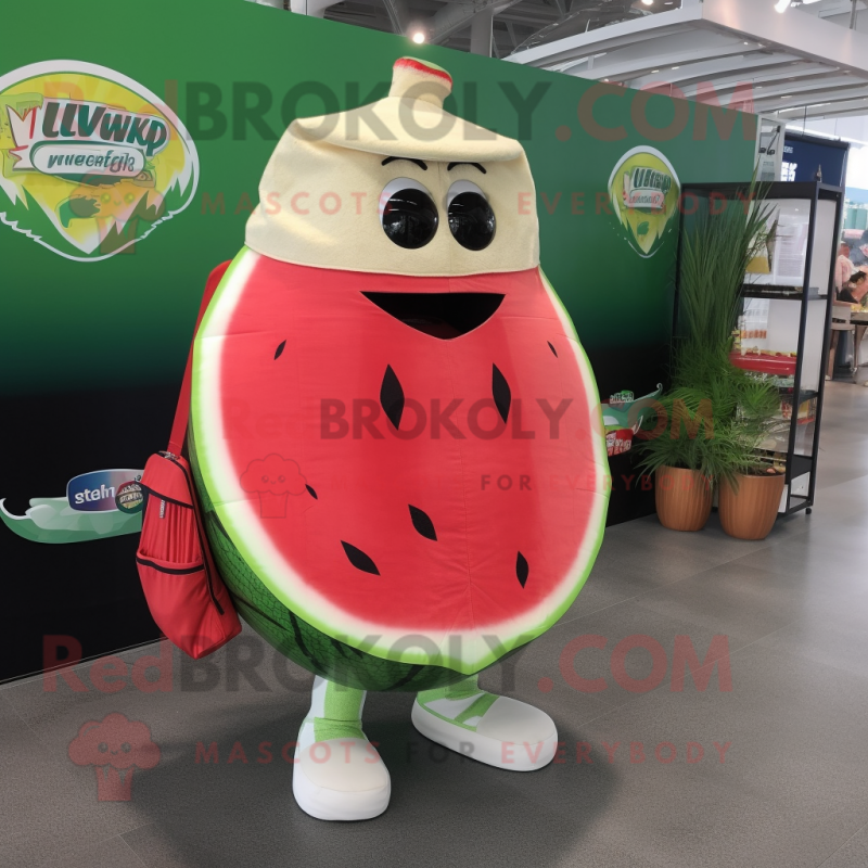 Cream Watermelon mascot costume character dressed with a Rash Guard and Tote bags