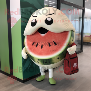 Cream Watermelon mascot costume character dressed with a Rash Guard and Tote bags