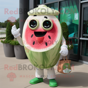 Cream Watermelon mascot costume character dressed with a Rash Guard and Tote bags