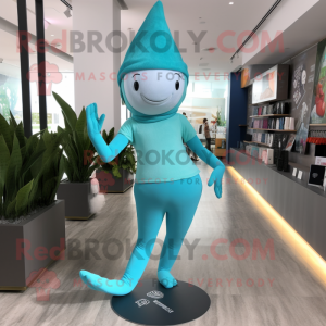 Turquoise Ice mascot costume character dressed with a Yoga Pants and Hats
