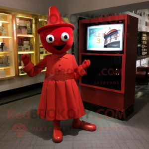 Red Television mascot costume character dressed with a A-Line Dress and Belts