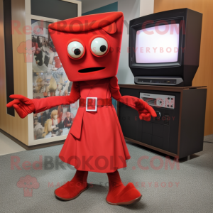 Red Television mascot costume character dressed with a A-Line Dress and Belts