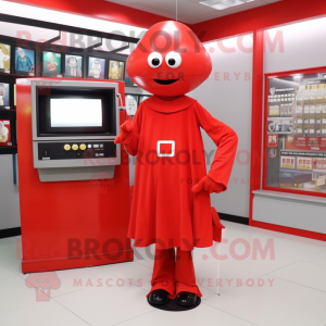 Red Television mascot costume character dressed with a A-Line Dress and Belts