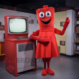 Red Television mascot costume character dressed with a A-Line Dress and Belts