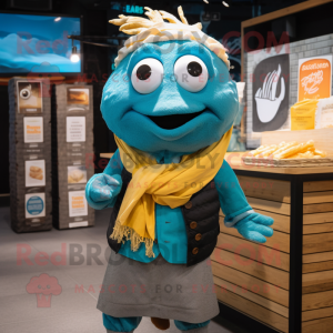 Teal Fish And Chips mascot costume character dressed with a Button-Up Shirt and Scarves