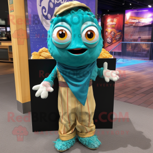 Teal Fish And Chips mascot costume character dressed with a Button-Up Shirt and Scarves
