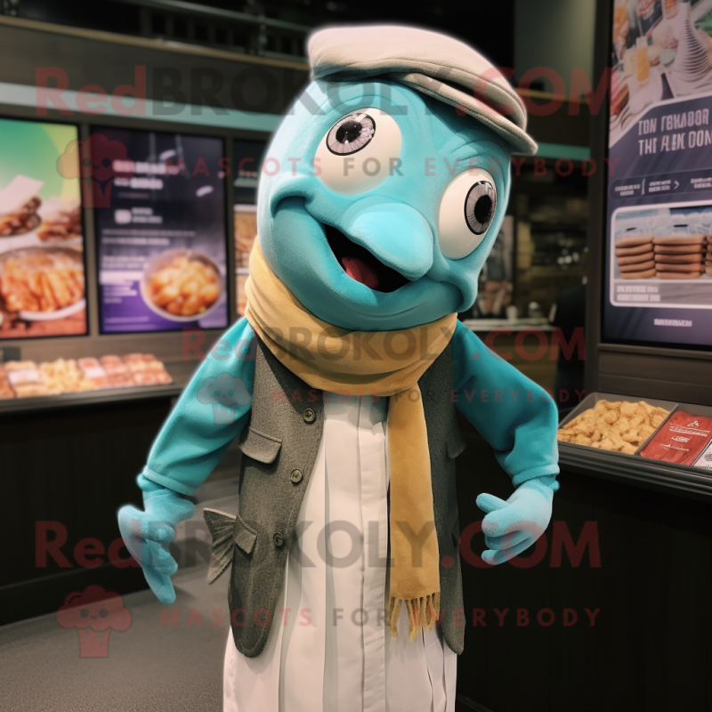 Teal Fish And Chips mascot costume character dressed with a Button-Up Shirt and Scarves