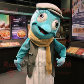 Teal Fish And Chips mascot costume character dressed with a Button-Up Shirt and Scarves