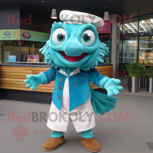 Teal Fish And Chips mascot costume character dressed with a Button-Up Shirt and Scarves