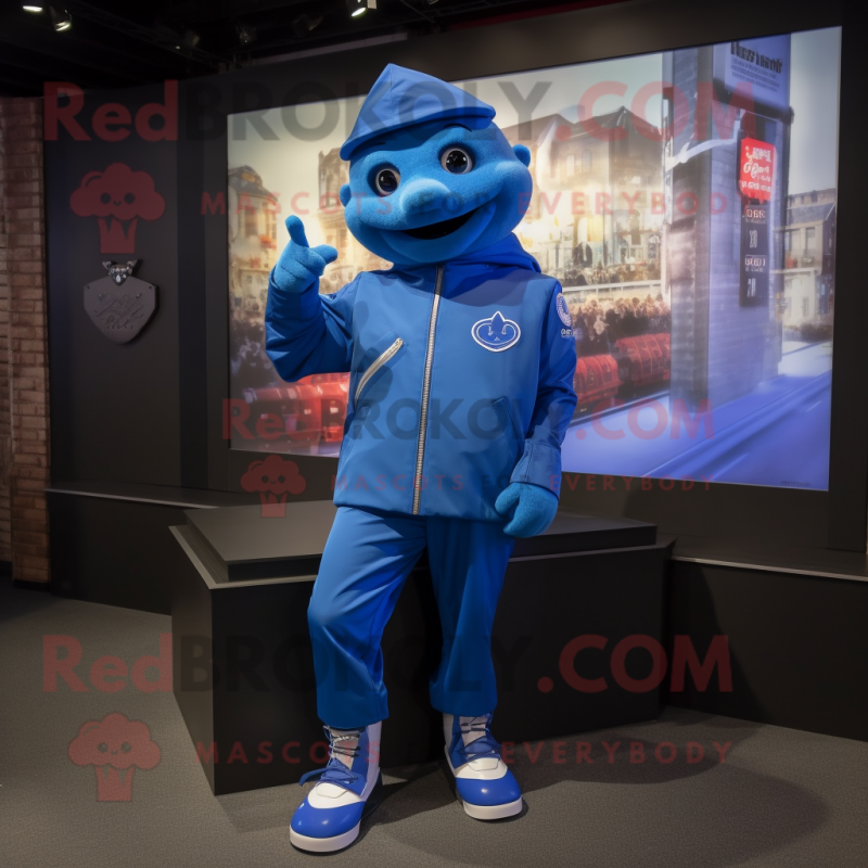 Blue Soldier mascot costume character dressed with a Windbreaker and Anklets