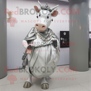 Silver Cow mascot costume character dressed with a Wrap Skirt and Handbags