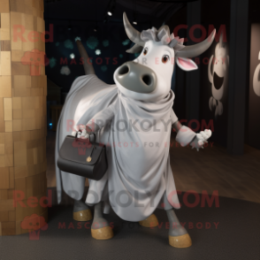 Silver Cow mascot costume character dressed with a Wrap Skirt and Handbags