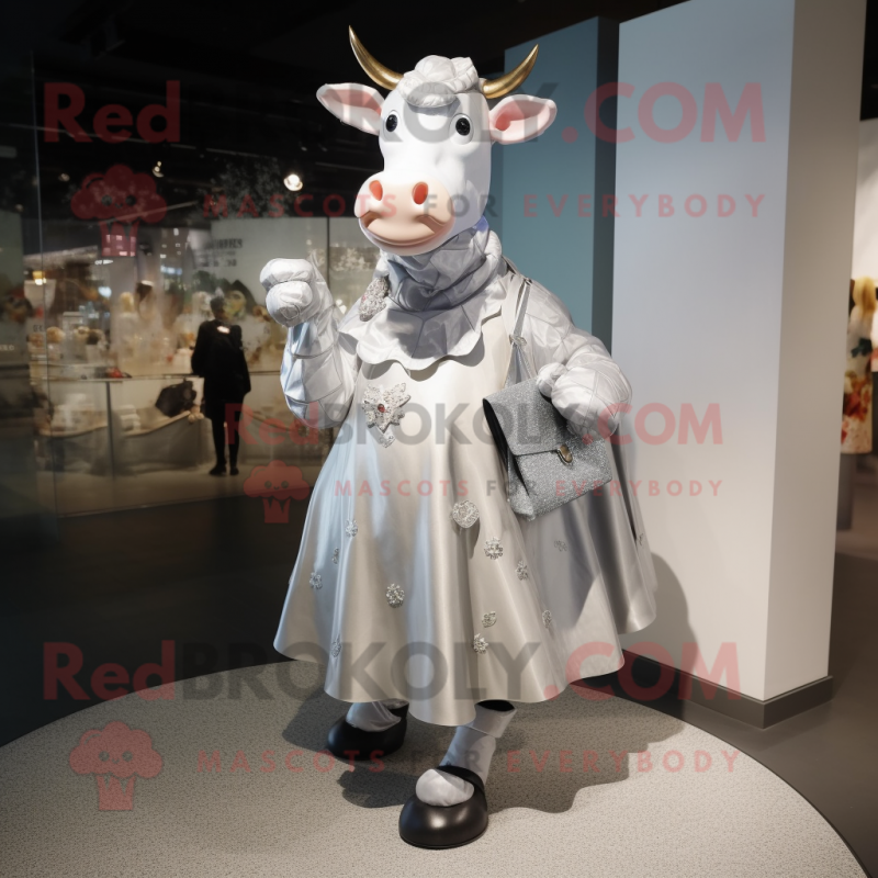 Silver Cow mascot costume character dressed with a Wrap Skirt and Handbags