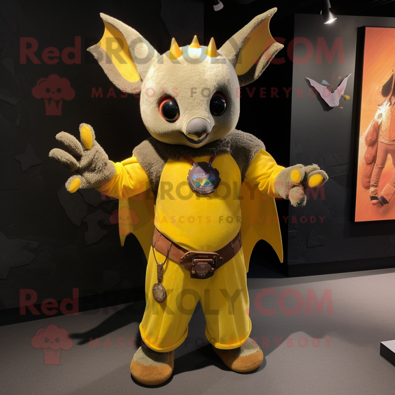 Yellow Bat mascot costume character dressed with a Corduroy Pants and Bracelets Yellow Bat mascot costume character dressed with a Corduroy Pants and Bracelets