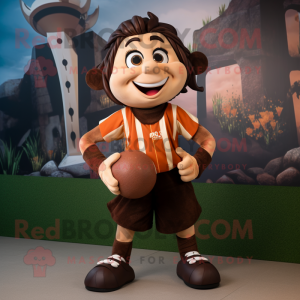 Brown Acrobat mascot costume character dressed with a Rugby Shirt and Earrings