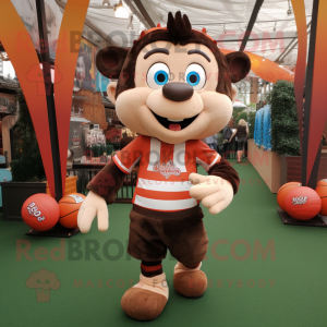 Brown Acrobat mascot costume character dressed with a Rugby Shirt and Earrings