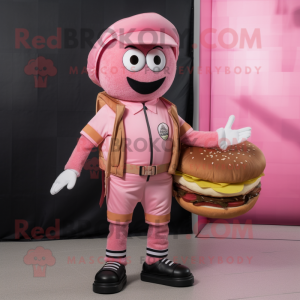 Pink Hamburger mascot costume character dressed with a Cargo Pants and Bracelets