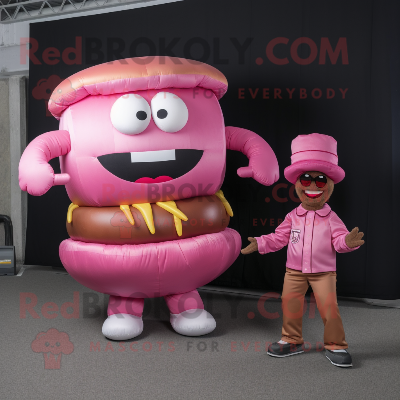 Pink Hamburger mascot costume character dressed with a Cargo Pants and Bracelets Pink Hamburger mascot costume character dressed with a Cargo Pants and Bracelets