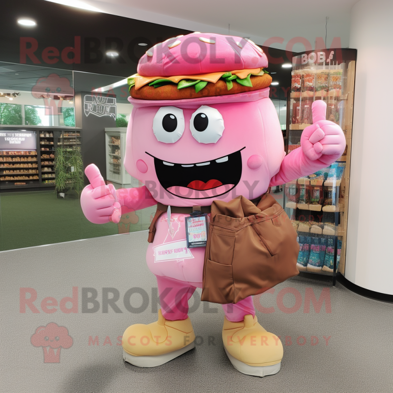 Pink Hamburger mascot costume character dressed with a Cargo Pants and Bracelets Pink Hamburger mascot costume character dressed with a Cargo Pants and Bracelets