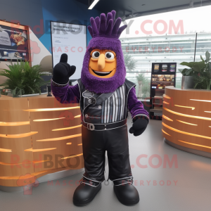 Purple French Fries mascot costume character dressed with a Leather Jacket and Gloves