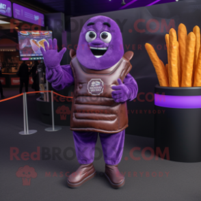 Purple French Fries mascot costume character dressed with a Leather Jacket and Gloves