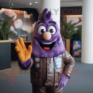 Purple French Fries mascot costume character dressed with a Leather Jacket and Gloves