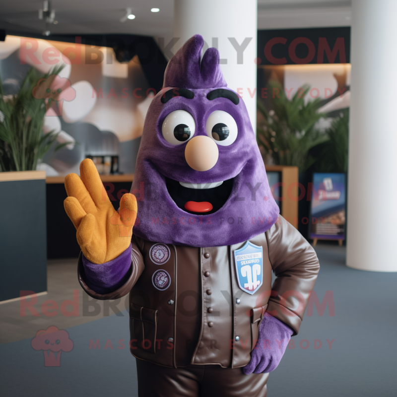 Purple French Fries mascot costume character dressed with a Leather Jacket and Gloves