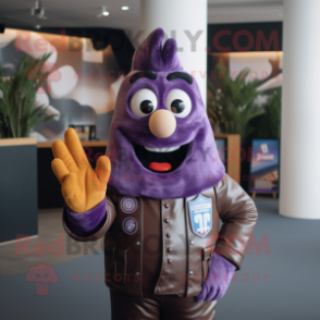 Purple French Fries mascot costume character dressed with a Leather Jacket and Gloves