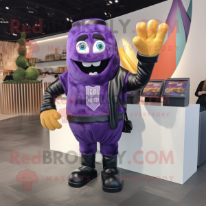 Purple French Fries mascot costume character dressed with a Leather Jacket and Gloves