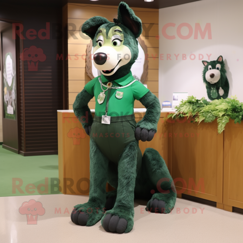 Forest Green Dog mascot costume character dressed with a Mini Skirt and Brooches