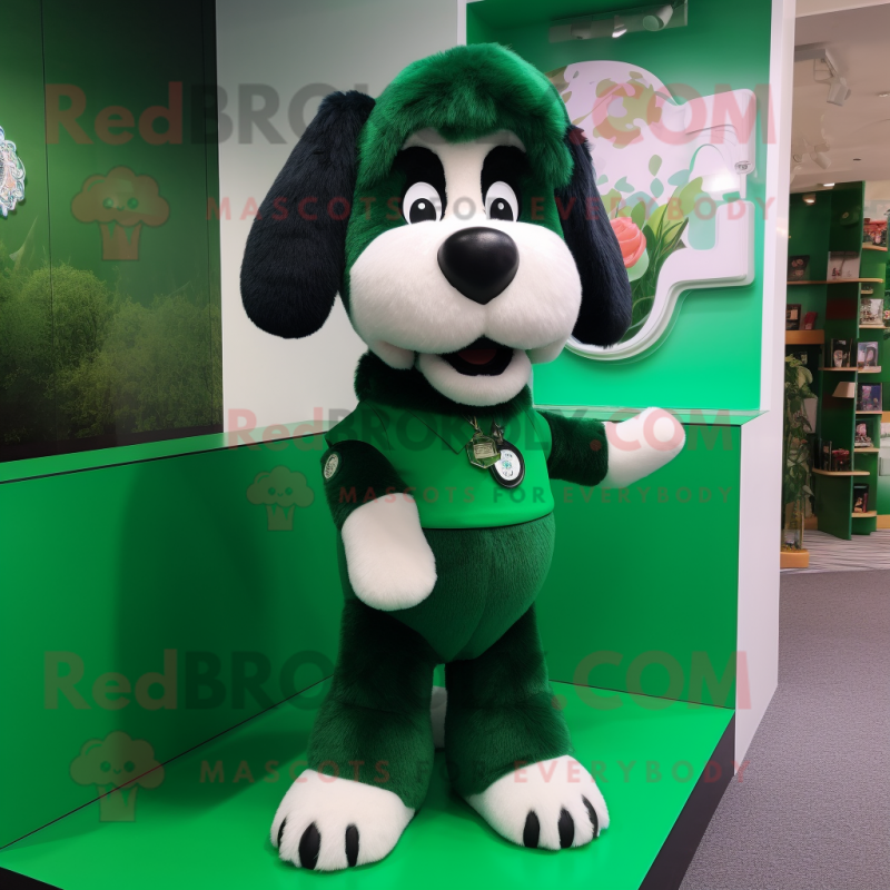 Forest Green Dog mascot costume character dressed with a Mini Skirt and Brooches Forest Green Dog mascot costume character dressed with a Mini Skirt and Brooches