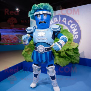 Blue Caesar Salad mascot costume character dressed with a Rash Guard and Belts