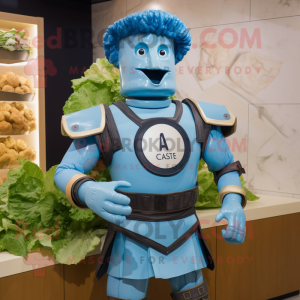 Blue Caesar Salad mascot costume character dressed with a Rash Guard and Belts