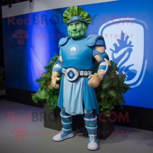 Blue Caesar Salad mascot costume character dressed with a Rash Guard and Belts