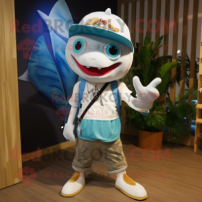 nan Swordfish mascot costume character dressed with a Capri Pants and Smartwatches