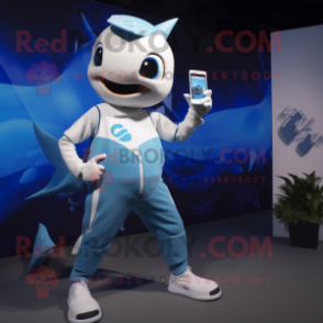 nan Swordfish mascot costume character dressed with a Capri Pants and Smartwatches